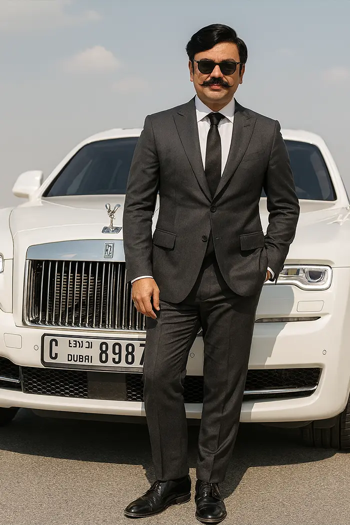 A man in a tailored grey suit poses in front of a Luxurious white Rolls Royce